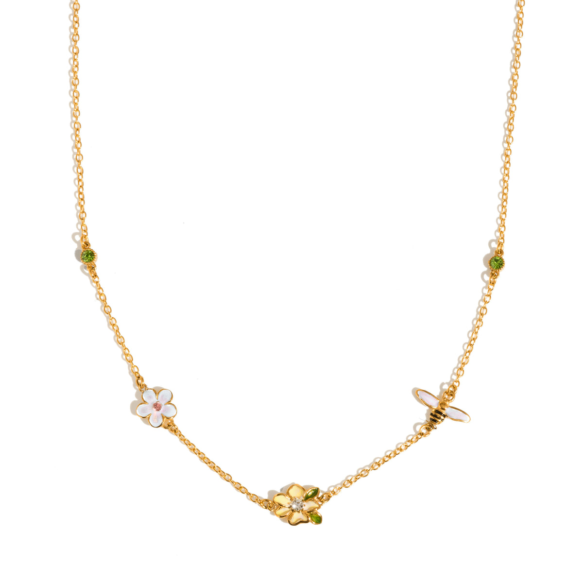 Daisy Floral CZ Necklace with Green Stones