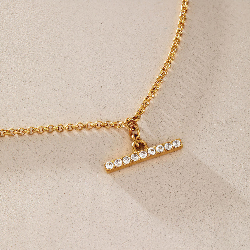 Nora 18K PVD Gold Plated CZ Bar Pendant Chain Necklace