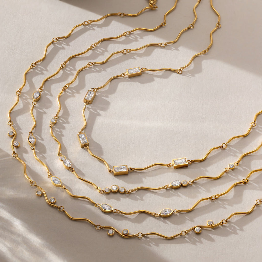 Anaya 18K PVD Gold Plated Wavy CZ Station Necklace