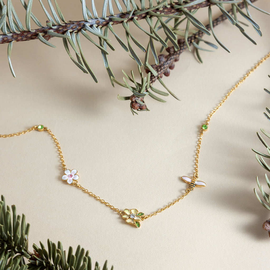 Daisy Floral CZ Necklace with Green Stones