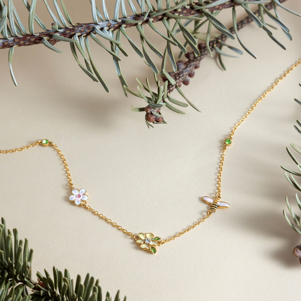 Daisy Floral CZ Necklace with Green Stones