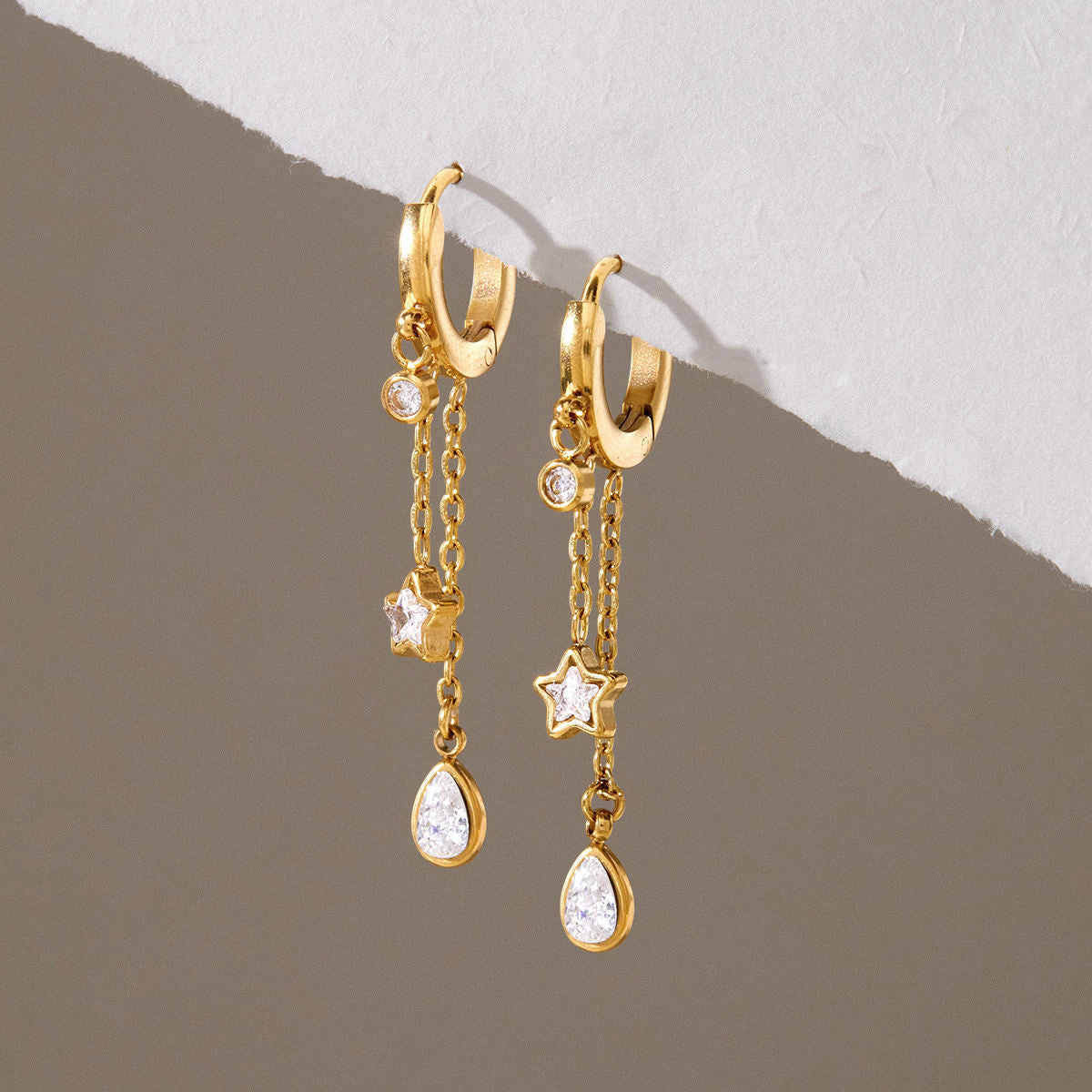 Aria Star CZ Drop Hoop Earrings