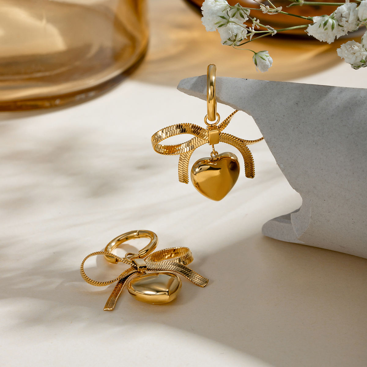 Avni Gold Heart Bow Drop Earrings