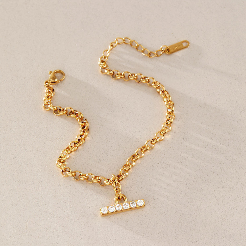 Isabella 18K PVD Gold Plated Oval Link CZ Bar Charm Bracelet