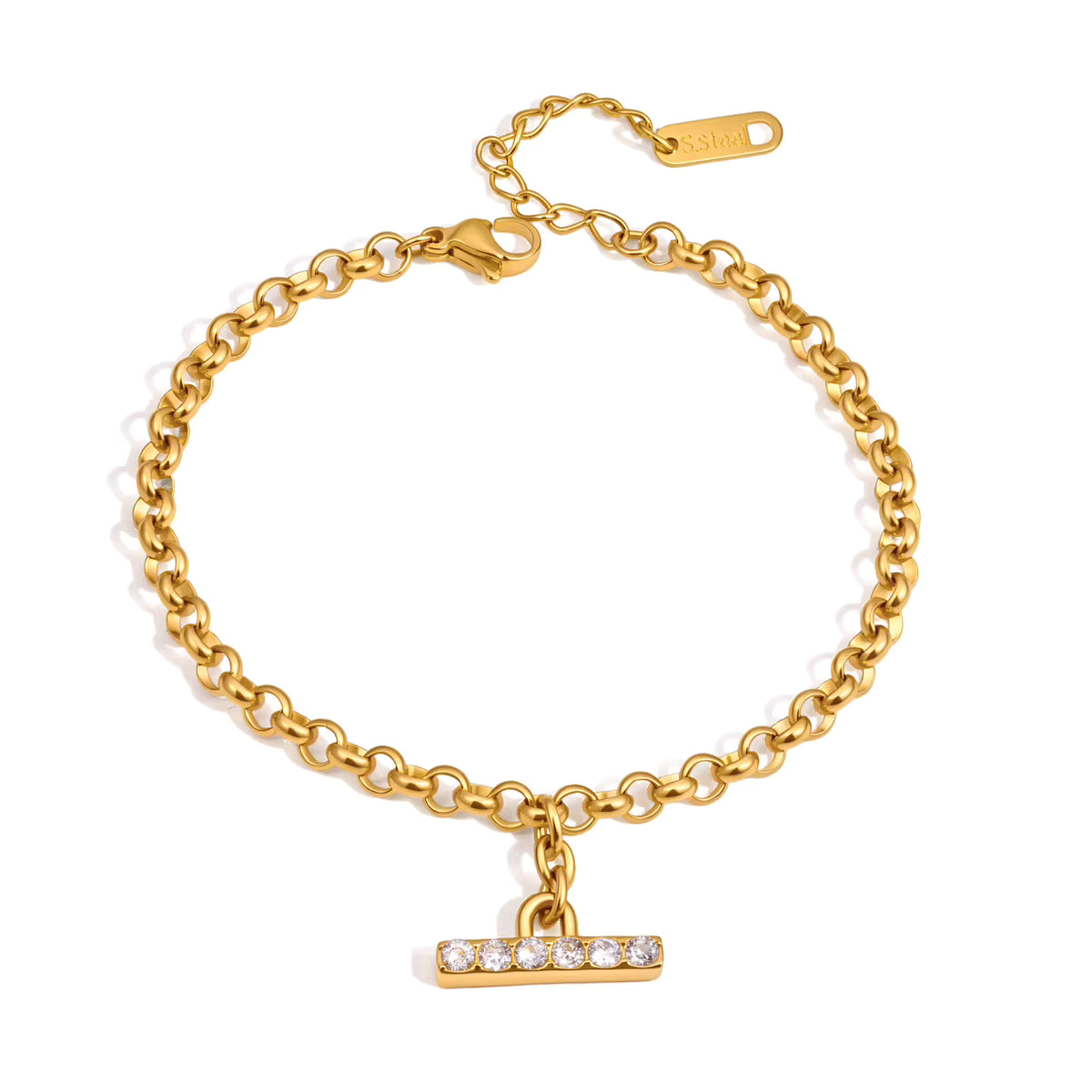 Isabella 18K PVD Gold Plated Oval Link CZ Bar Charm Bracelet