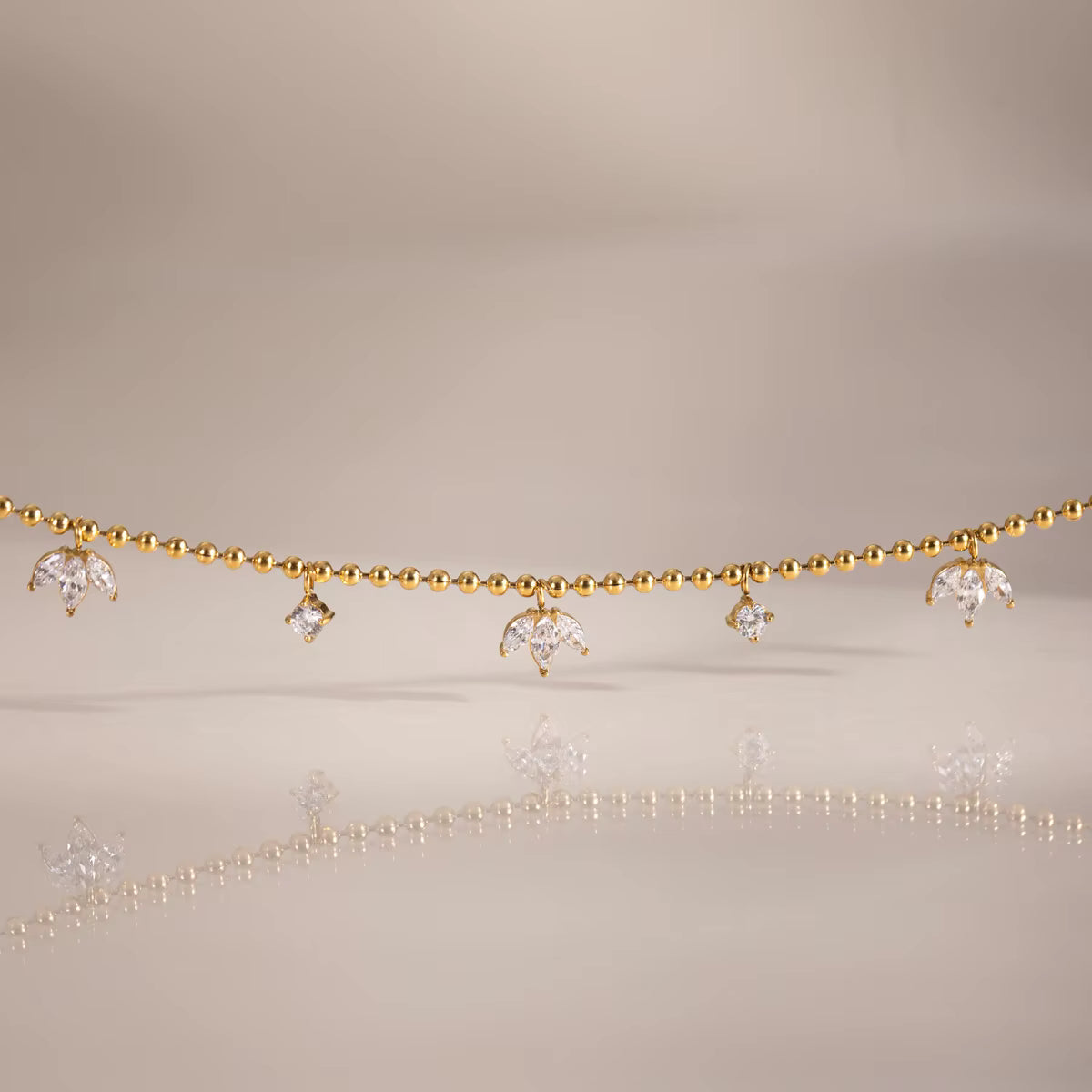 Ariana 18K PVD Gold Plated Beaded CZ Floral Charm Necklace