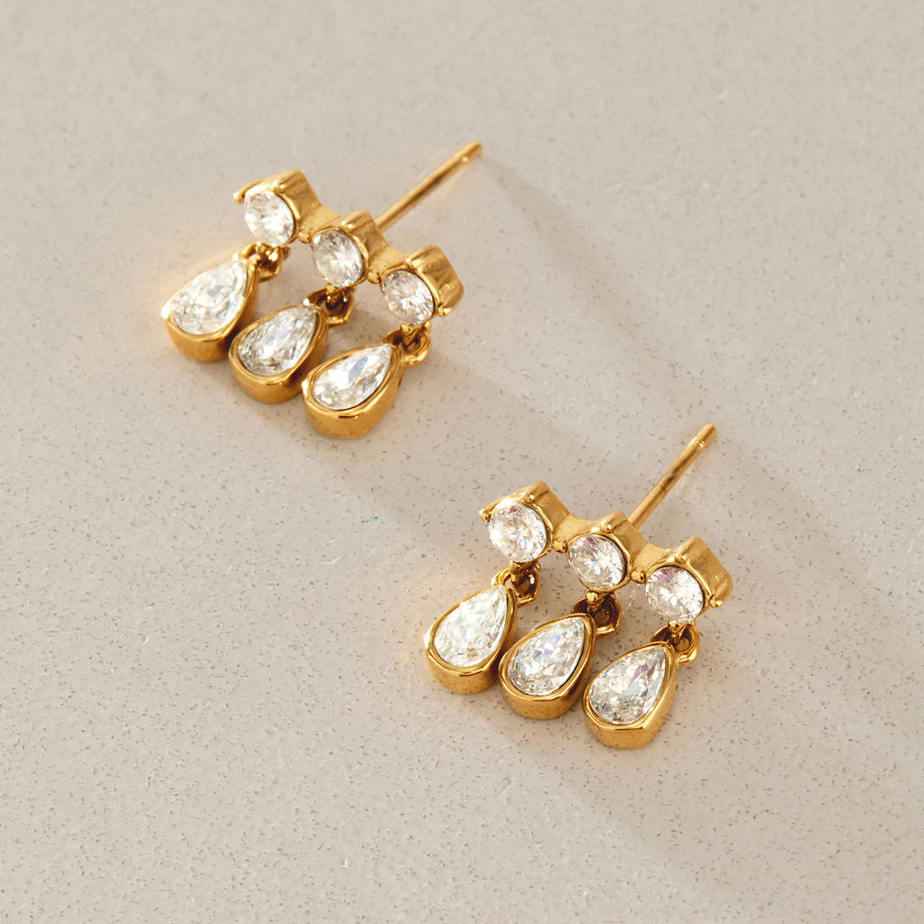 Serena 18K PVD Gold Triple Drop CZ Chandelier Earrings