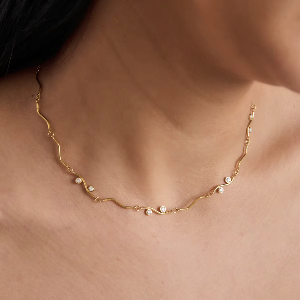 Anaya 18K PVD Gold Plated Wavy CZ Station Necklace
