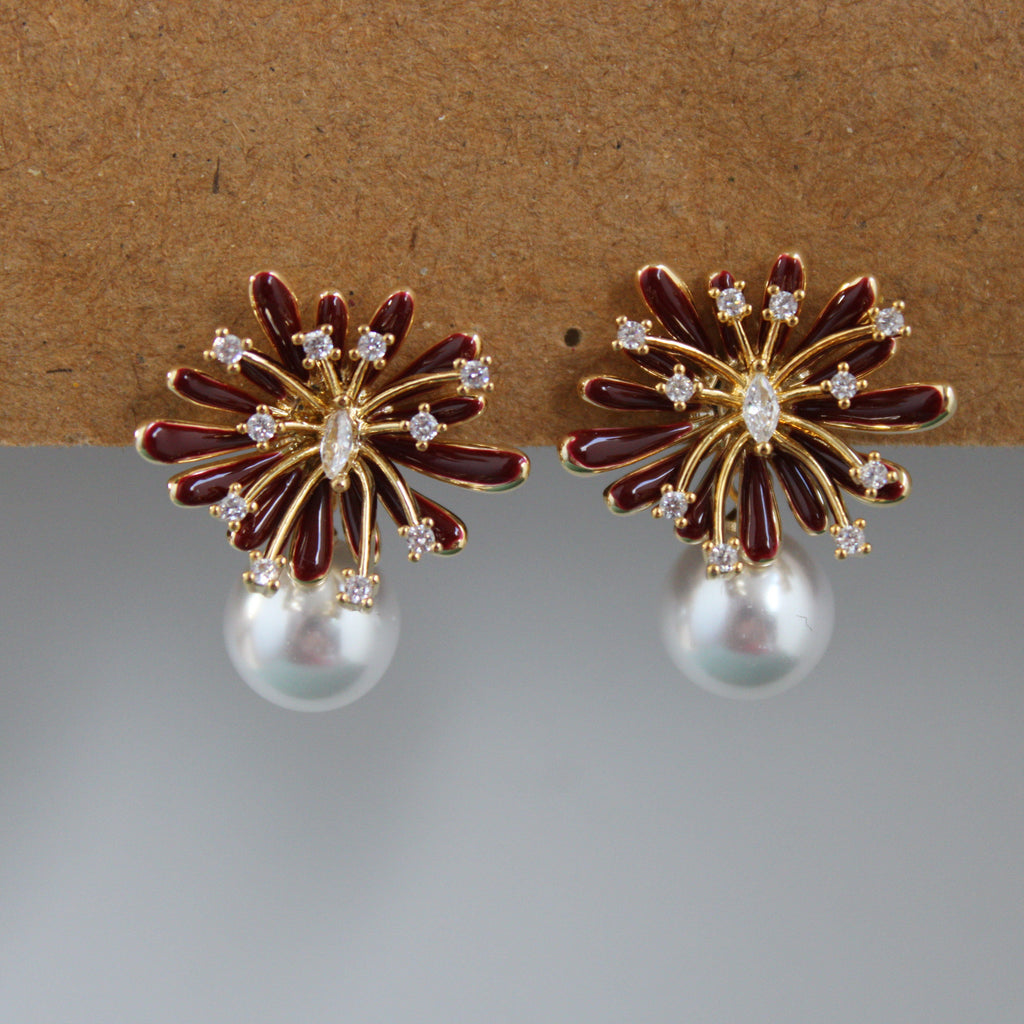 Nyla Red Enamel Pearl Drop Earrings