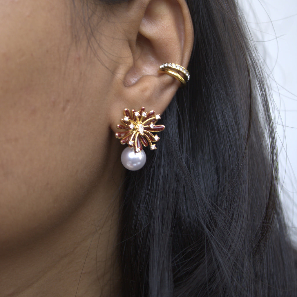 Nyla Red Enamel Pearl Drop Earrings
