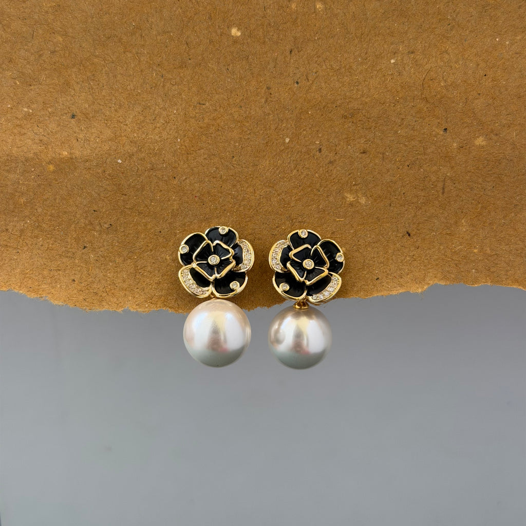 Sienna Black Floral Pearl Statement Gold Earrings