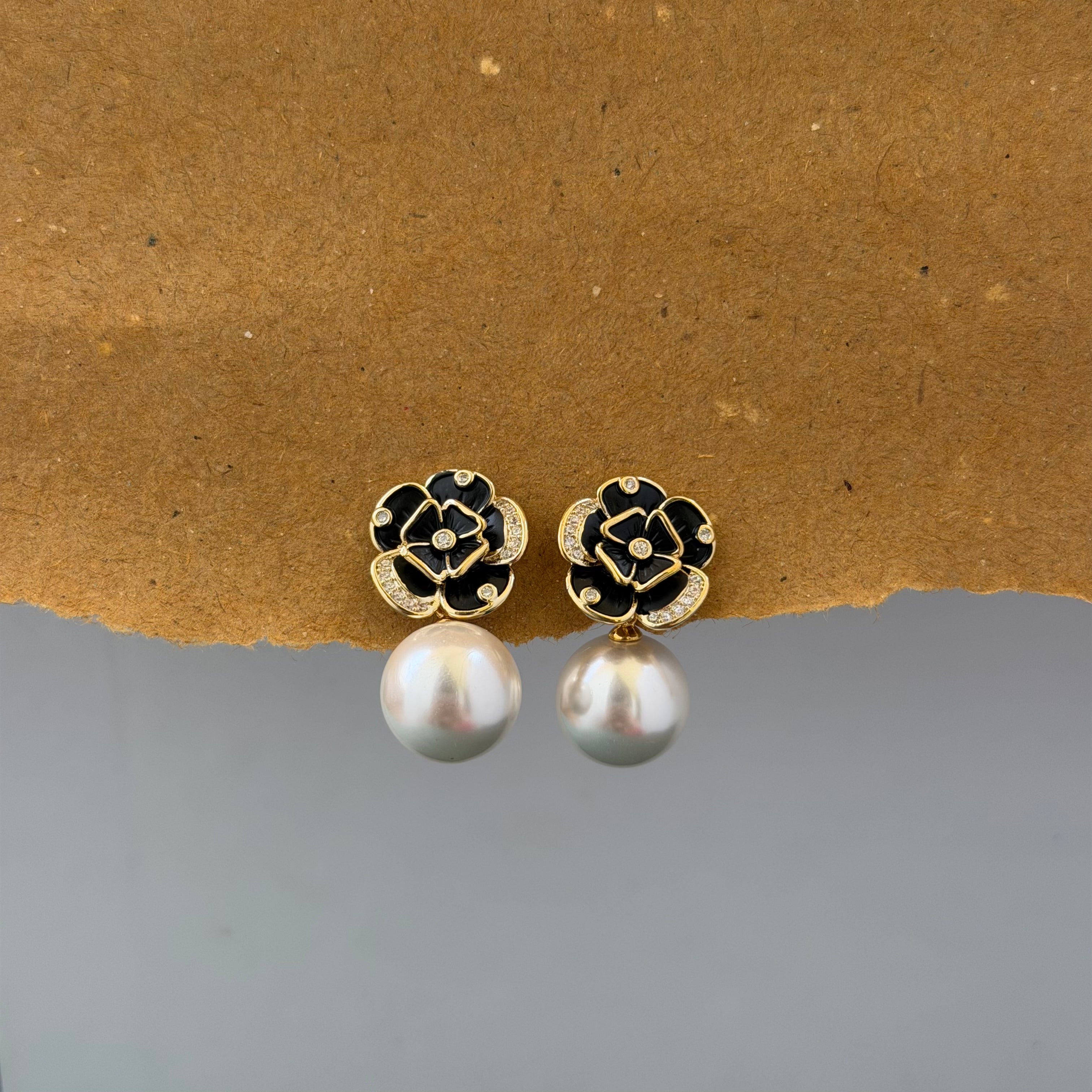 Sienna Black Floral Pearl Statement Gold Earrings