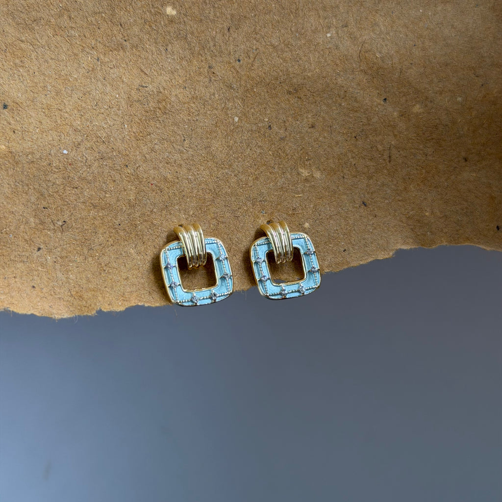 Thea Aqua Blue Square Gold Earrings