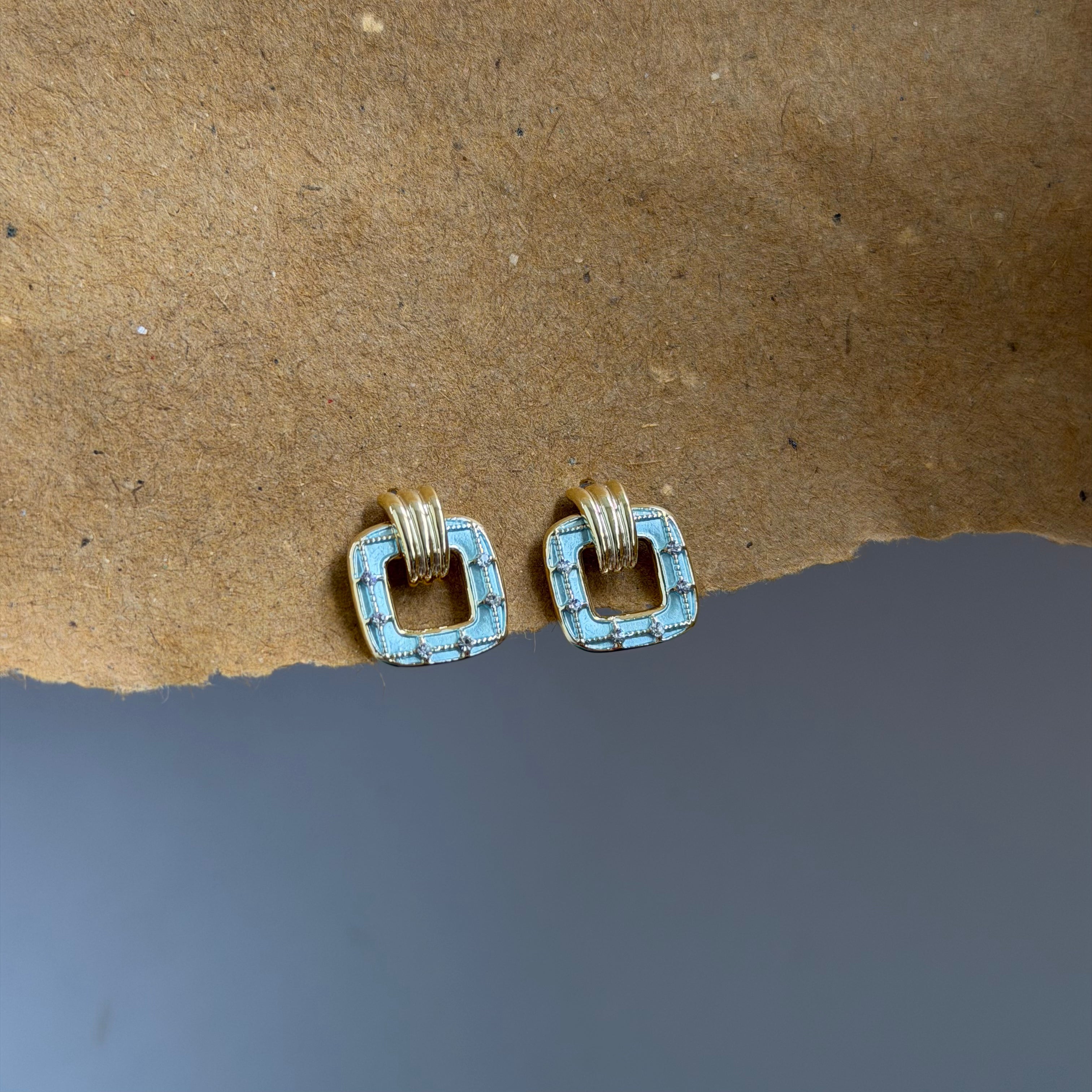 Thea Aqua Blue Square Gold Earrings