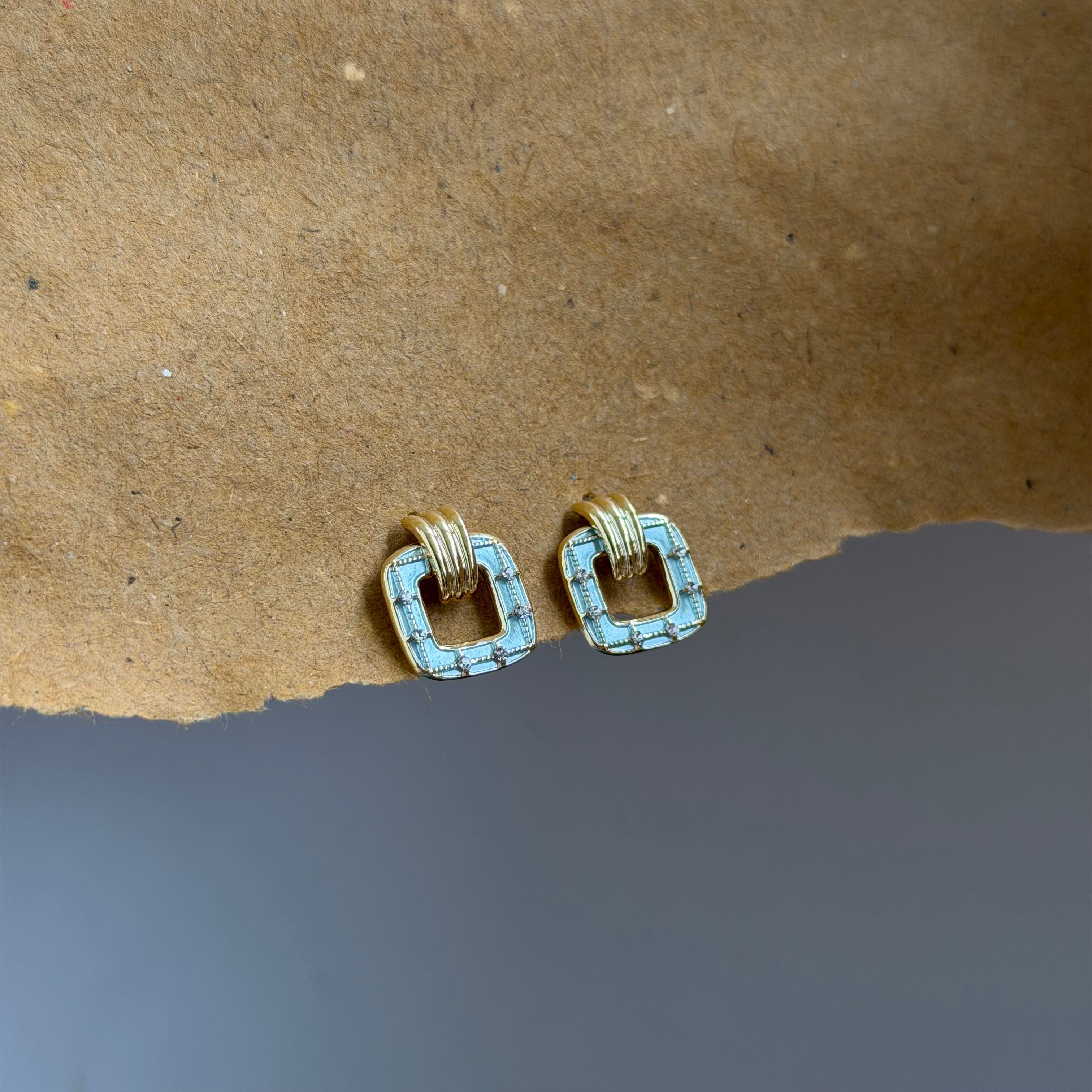 Thea Aqua Blue Square Gold Earrings