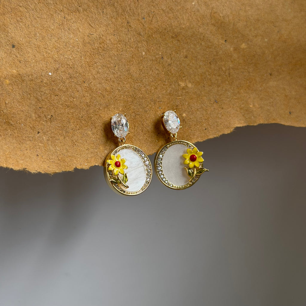 Daisy Sunflower Pearl Drop Earrings