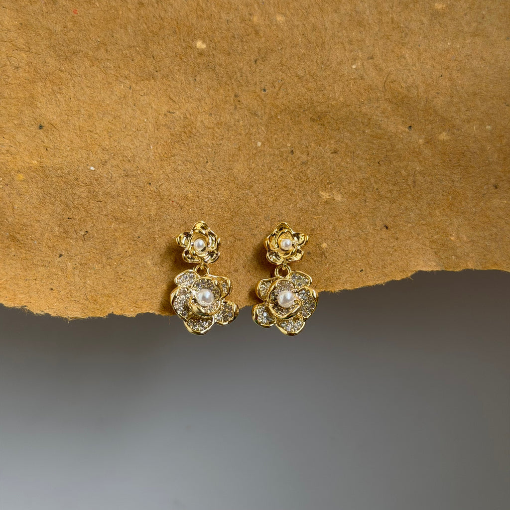 Camellia Pearl Floral Drop Earrings