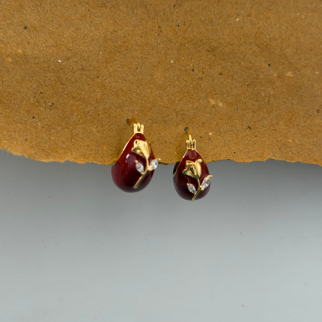 Mira Red Rose Enamel Huggie Earrings