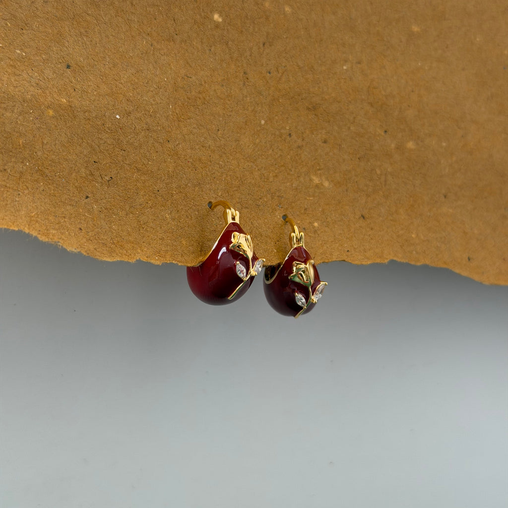 Mira Red Rose Enamel Huggie Earrings