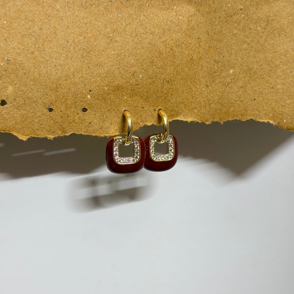 Poppy Red Enamel Square Gold Earrings