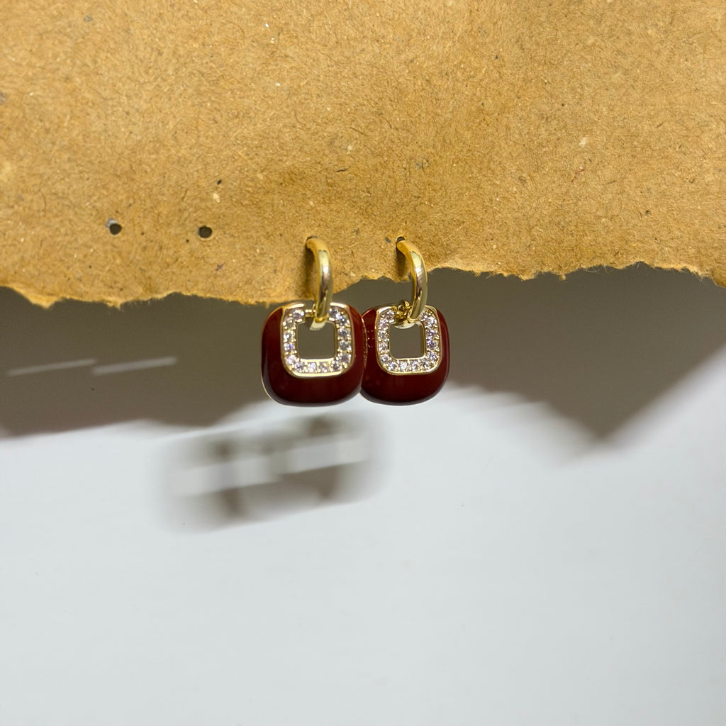 Poppy Red Enamel Square Gold Earrings