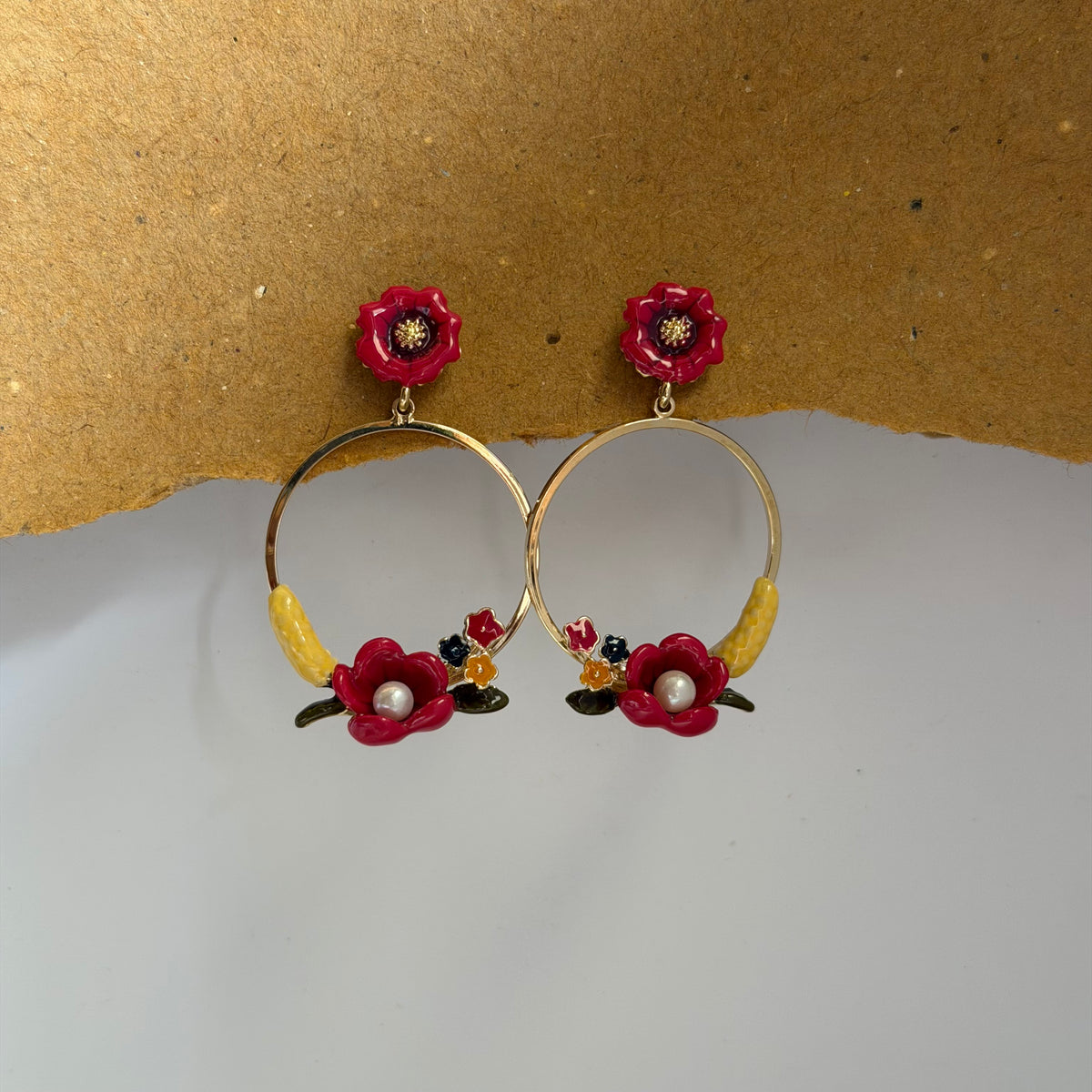 Rosalie Red Floral Pearl Hoop Earrings