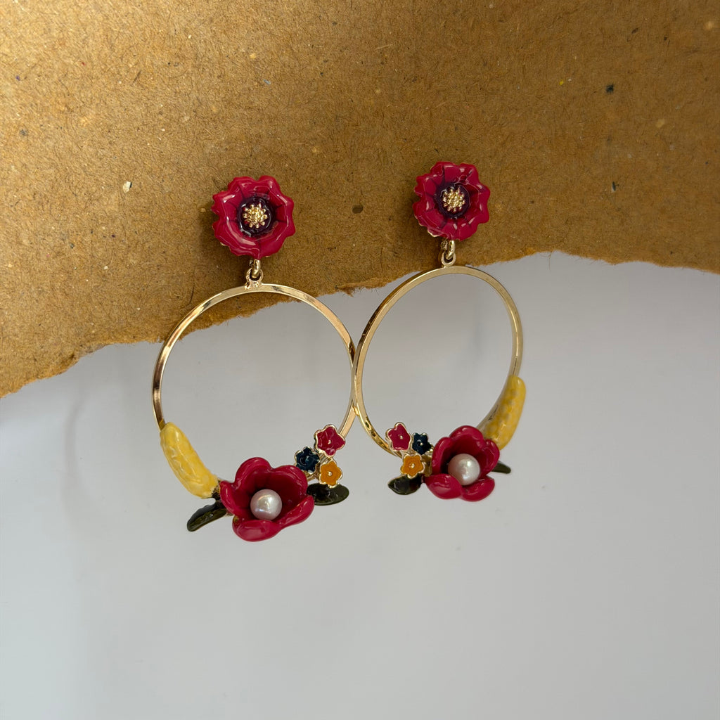 Rosalie Red Floral Pearl Hoop Earrings