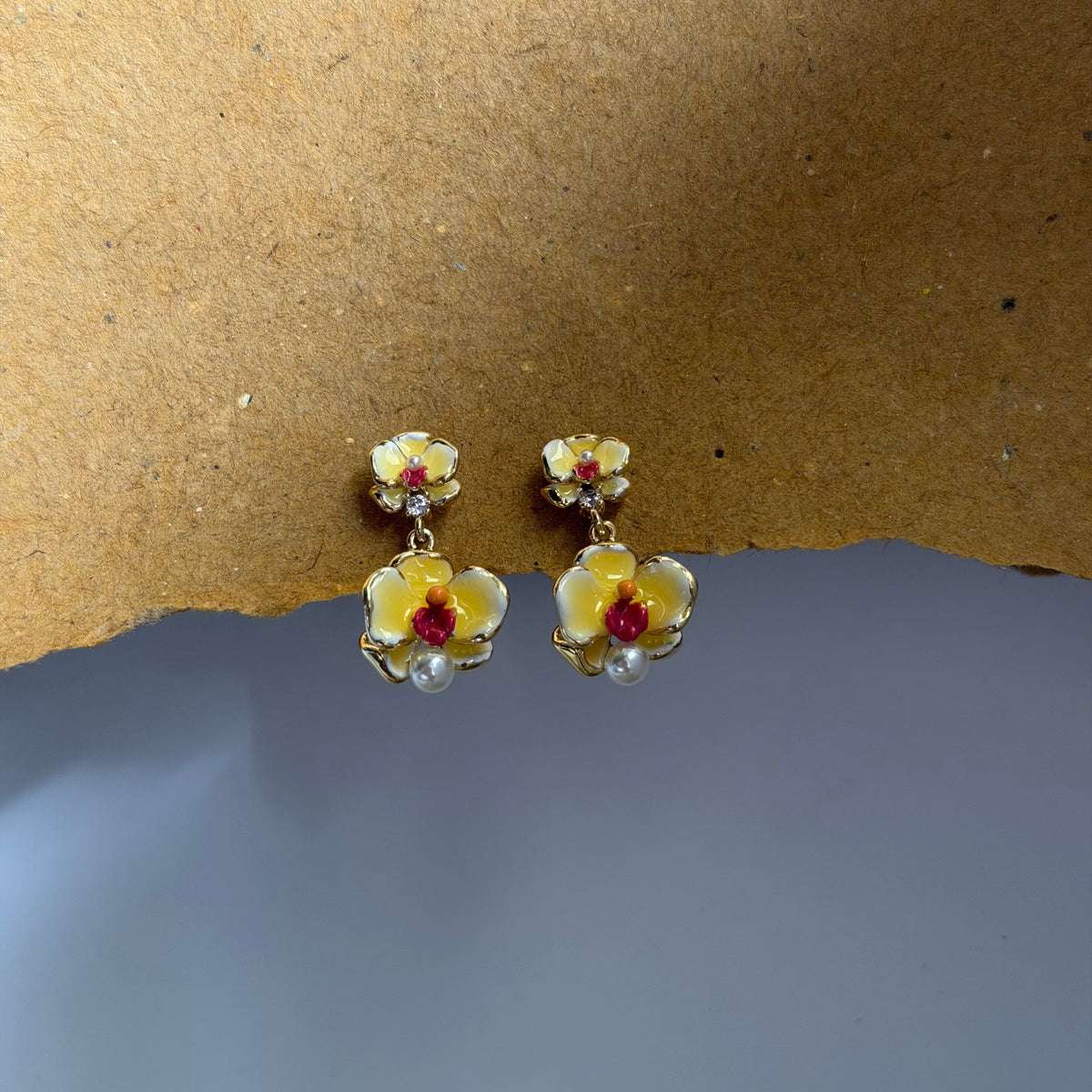 Elara Yellow Flower Pearl Drop Earrings