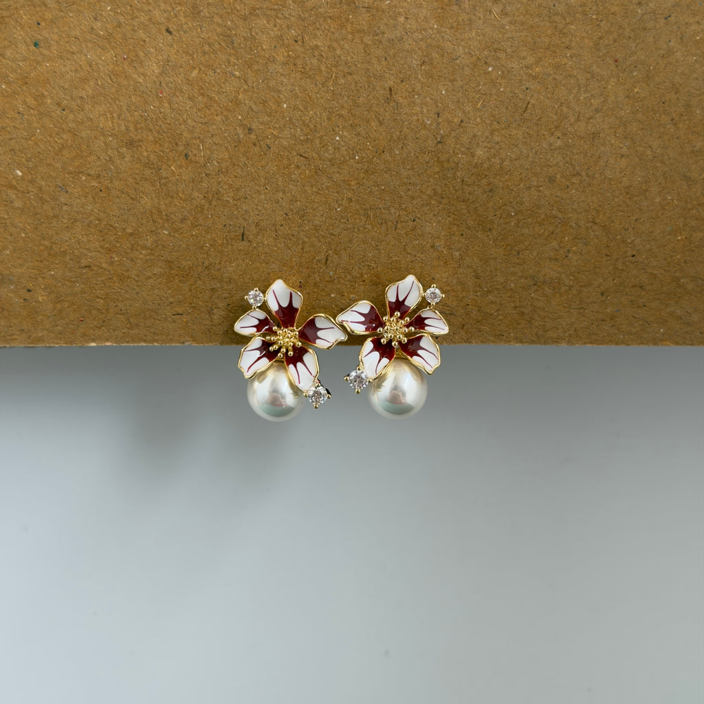 Isla Red White Floral Pearl Drop Earrings