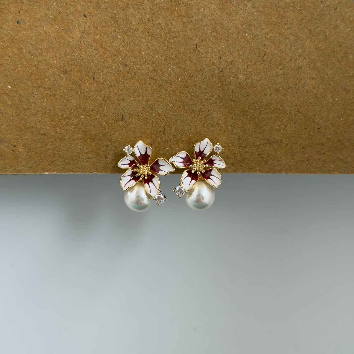 Isla Red White Floral Pearl Drop Earrings