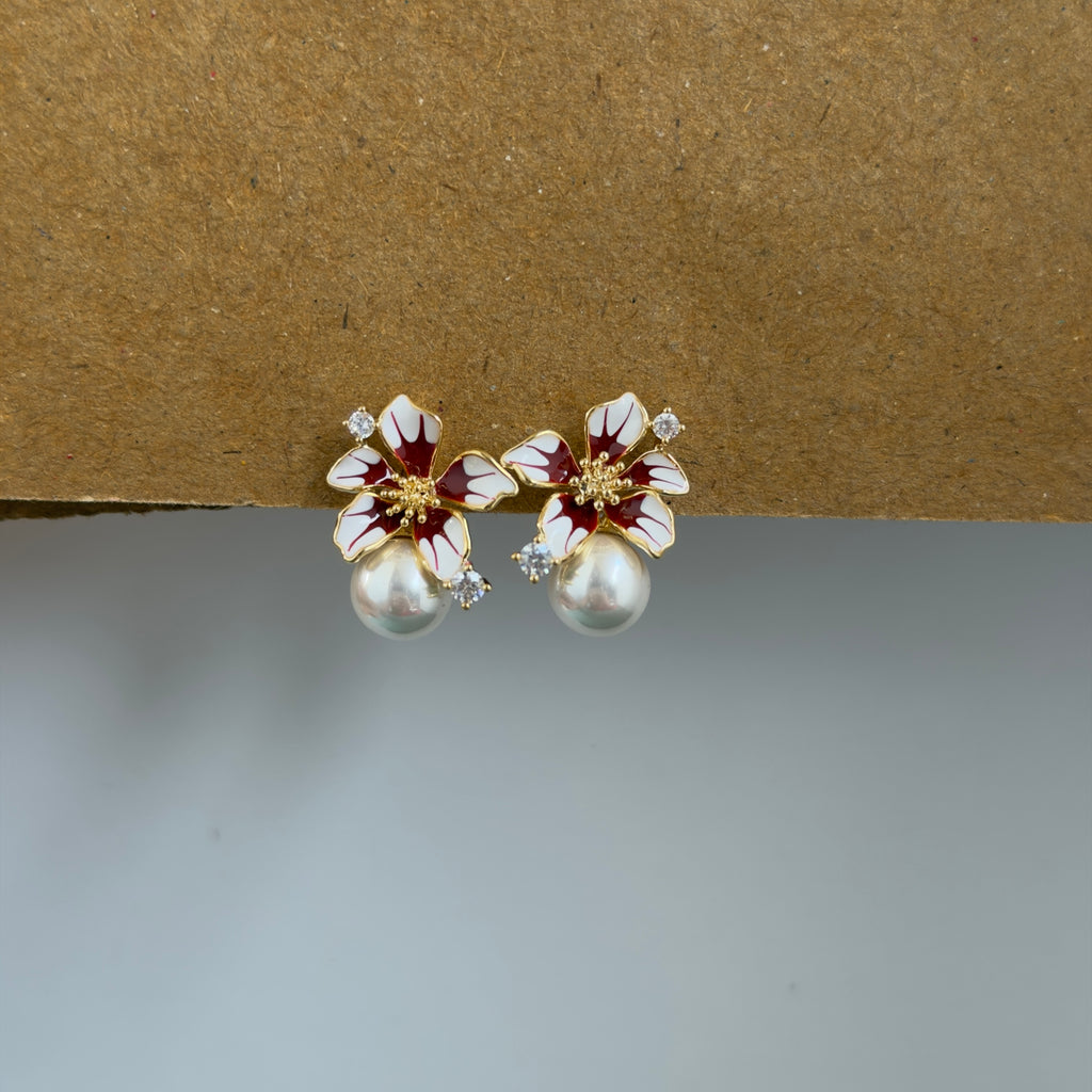 Isla Red White Floral Pearl Drop Earrings