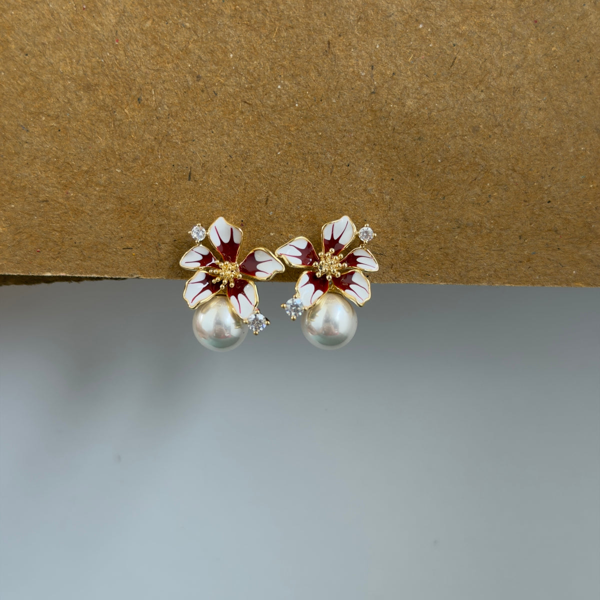 Isla Red White Floral Pearl Drop Earrings