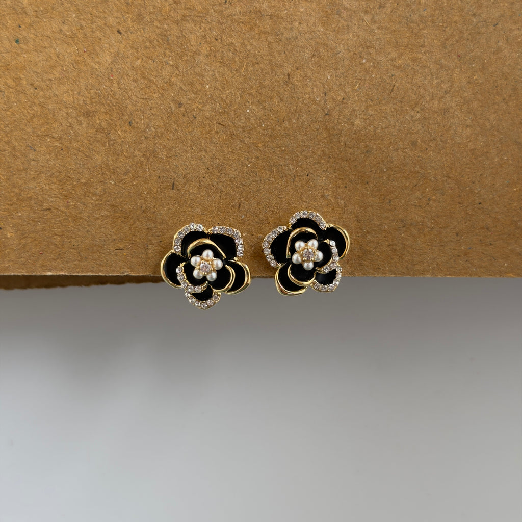 Zara Black Enamel Flower Pearl Stud Earrings