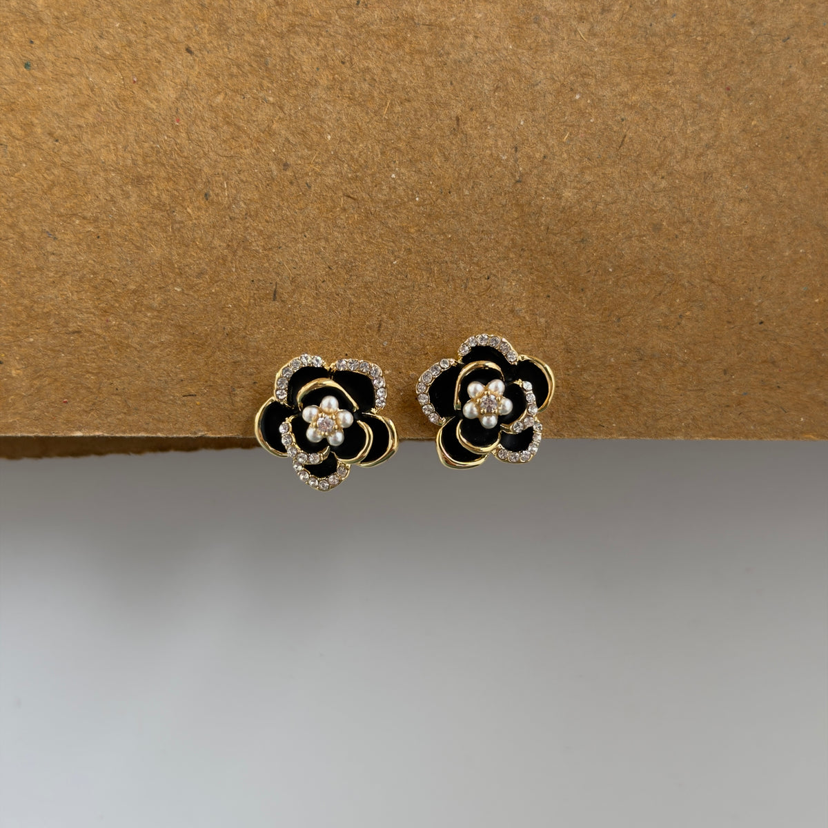 Zara Black Enamel Flower Pearl Stud Earrings