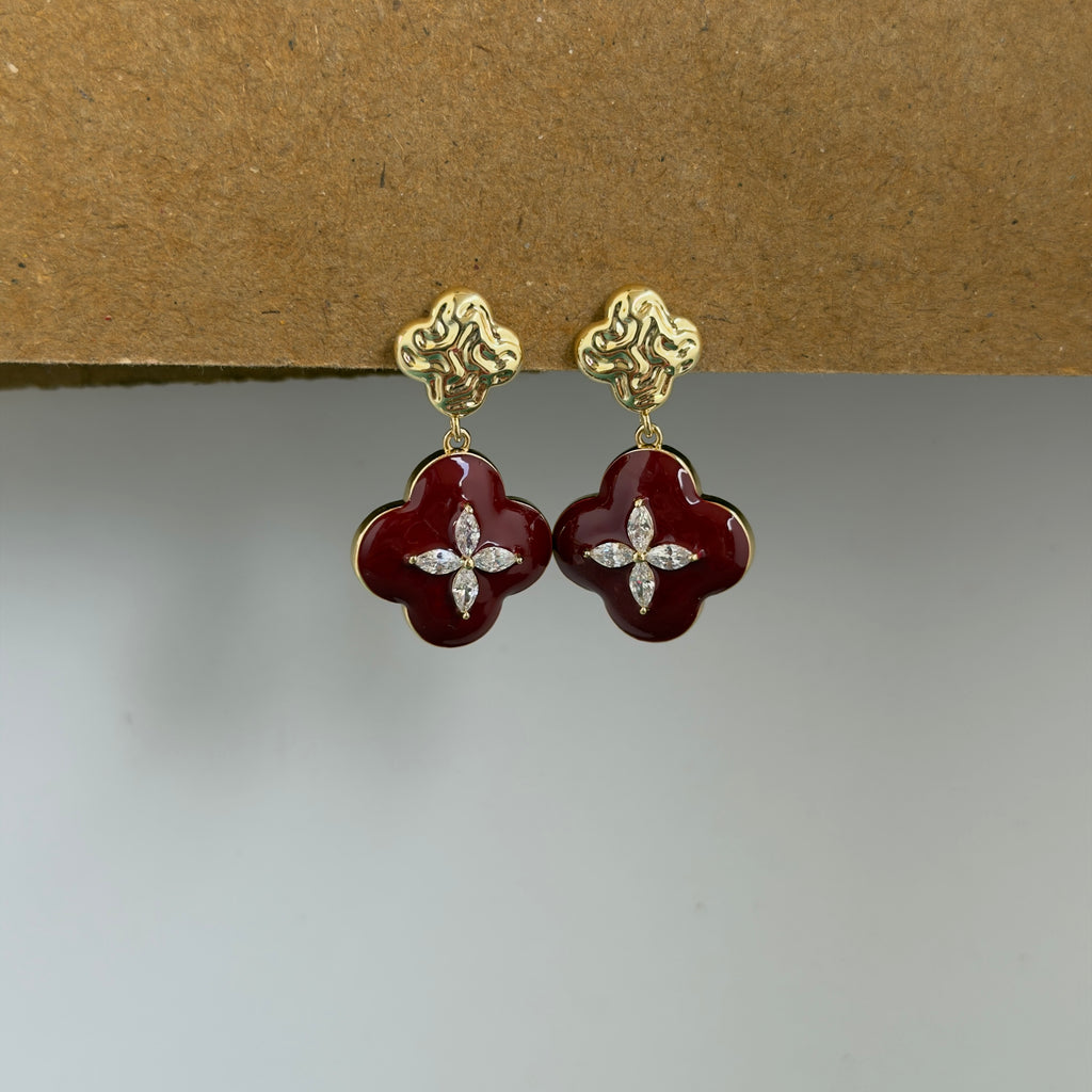 Celeste Ruby Clover CZ Gold Earrings