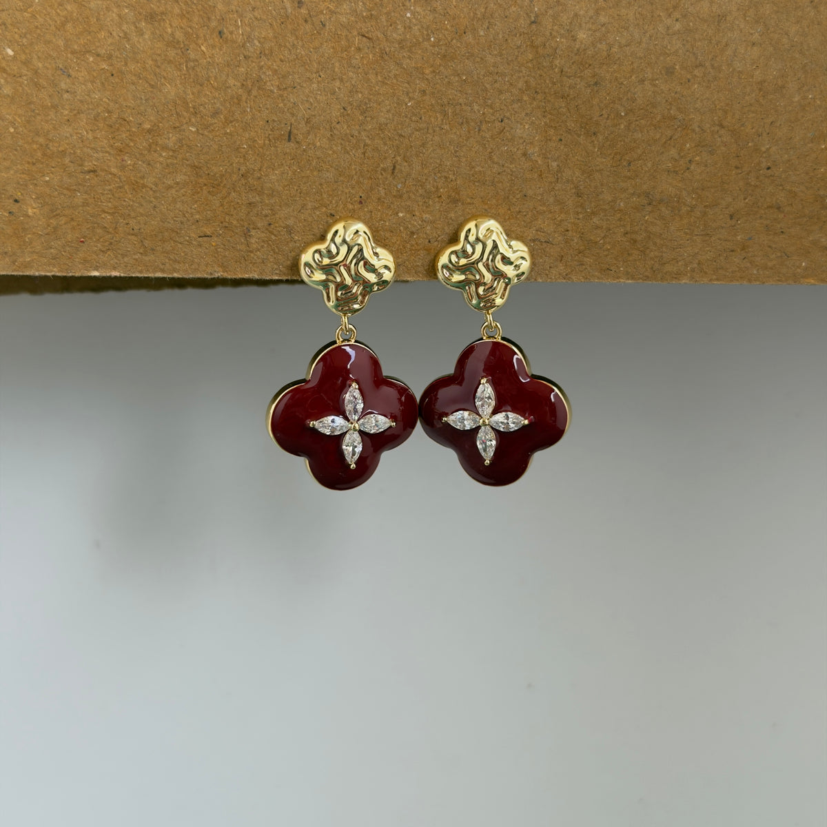 Celeste Ruby Clover CZ Gold Earrings