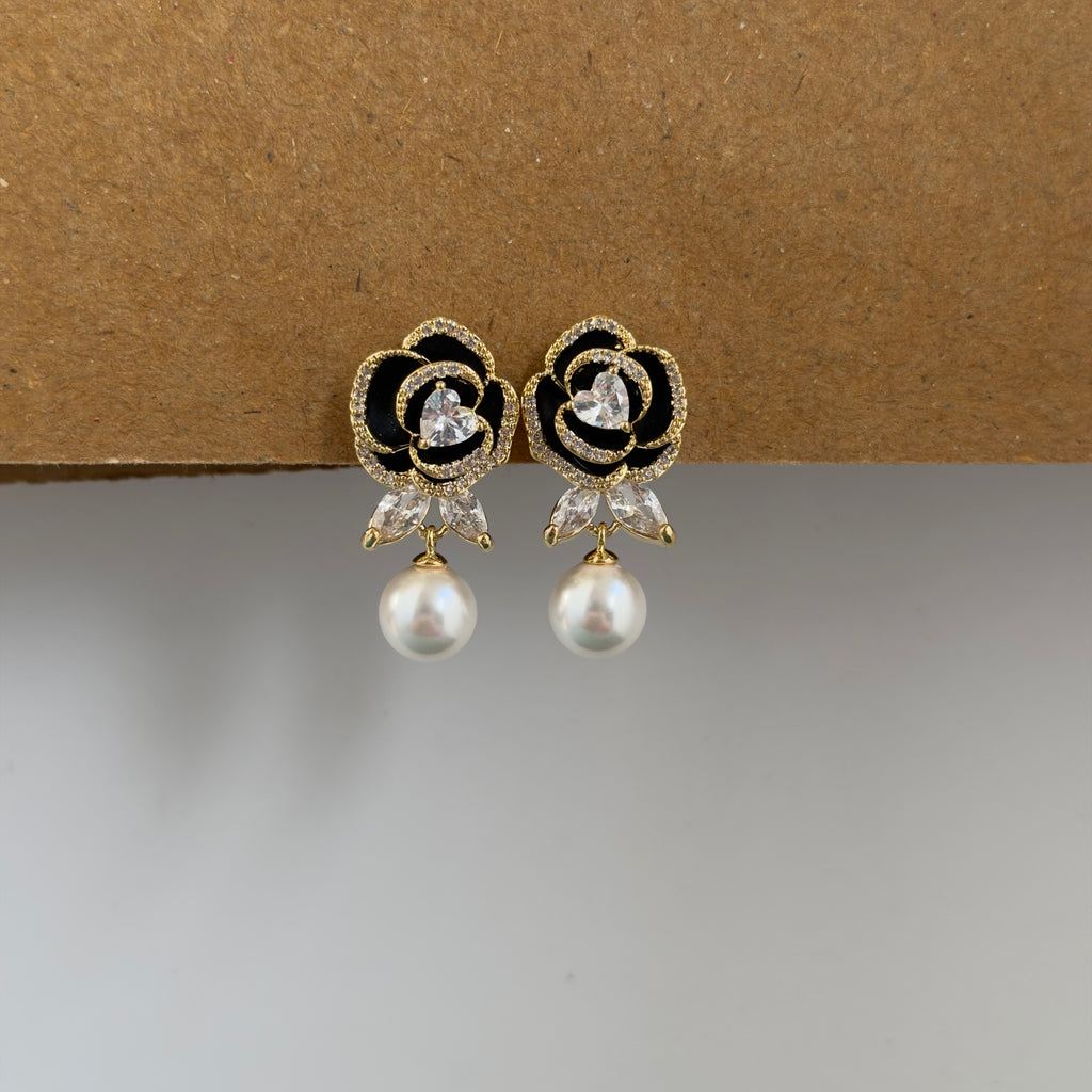 Anaya Black Rose Pearl Drop Earrings