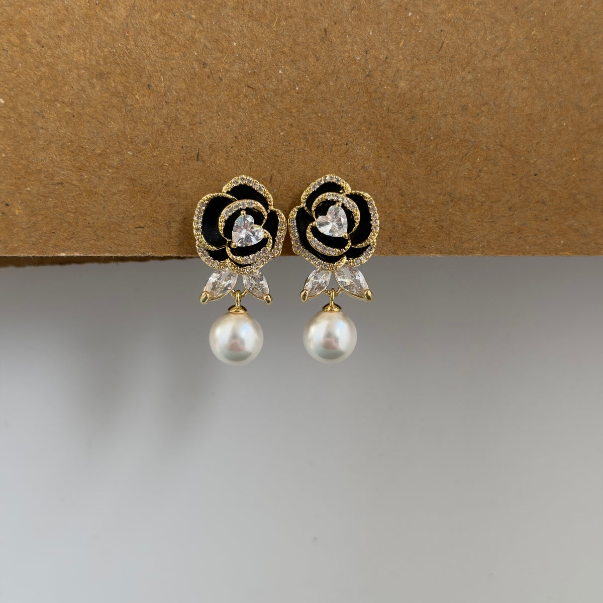 Anaya Black Rose Pearl Drop Earrings