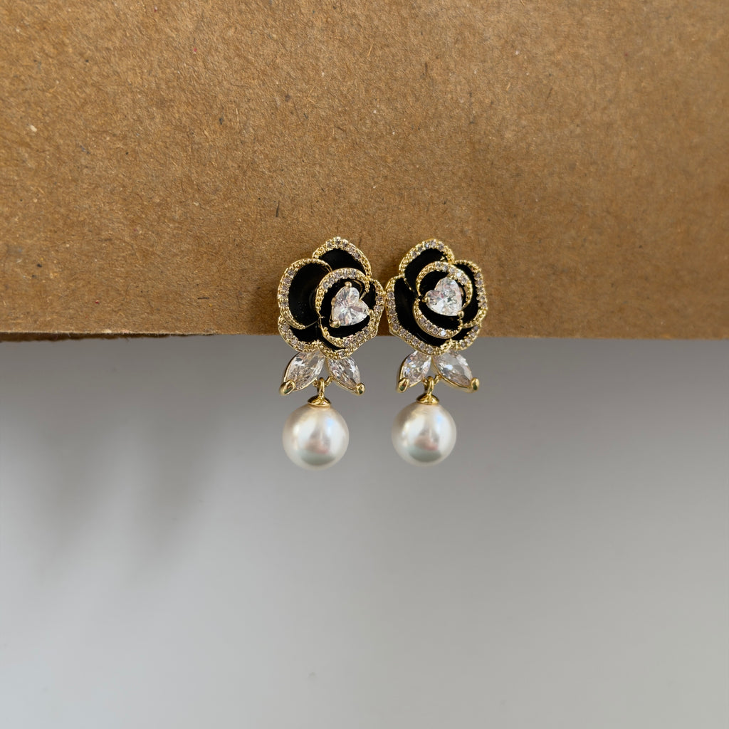 Anaya Black Rose Pearl Drop Earrings