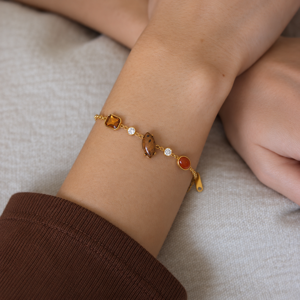 Maya 18K Gold Plated Brown and Amber Gemstone Bracelet