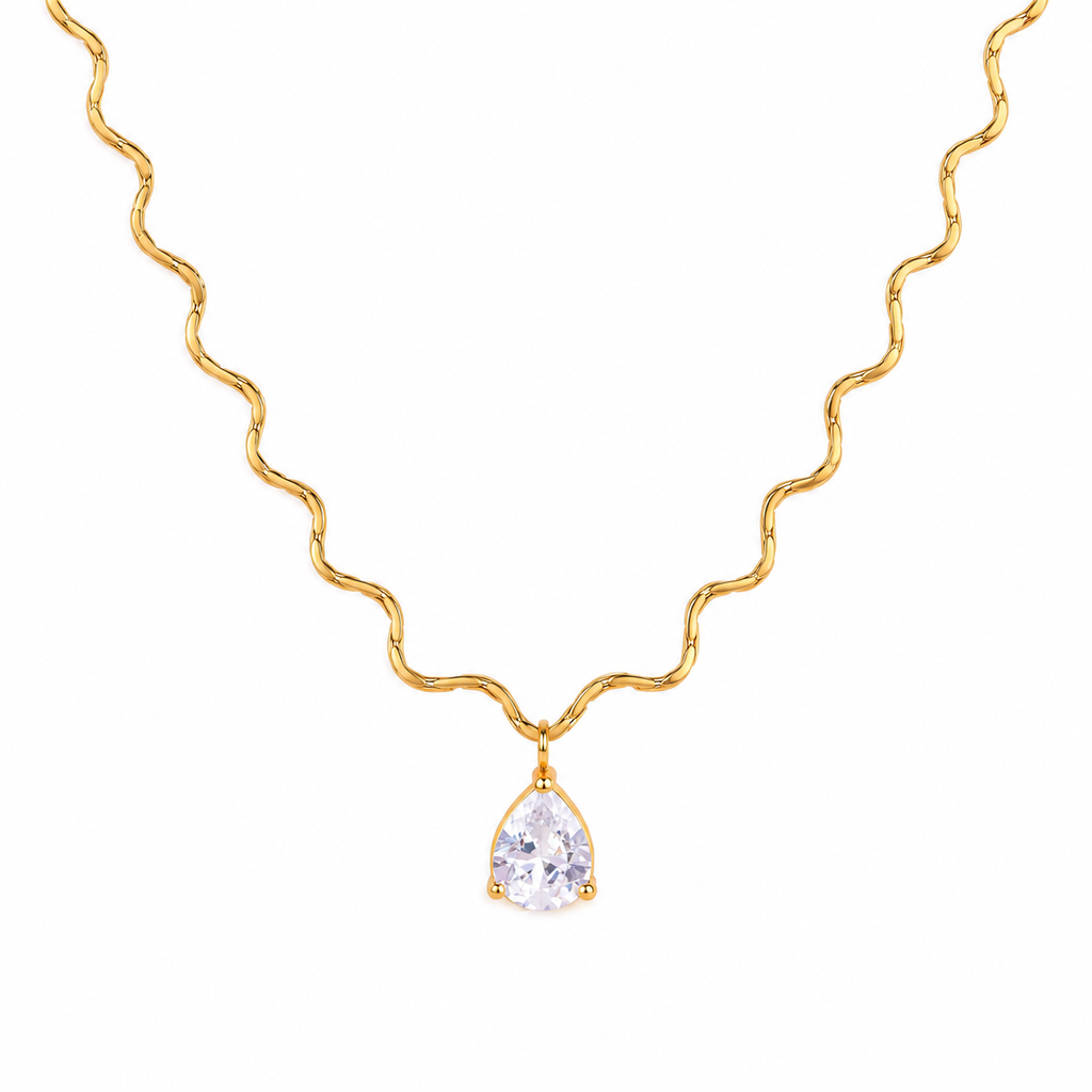 Mira 18K PVD Gold Plated Wavy Chain Pear CZ Pendant Necklace