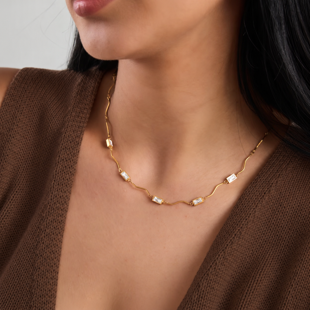 Sienna 18K PVD Gold Plated Wavy Baguette CZ Necklace
