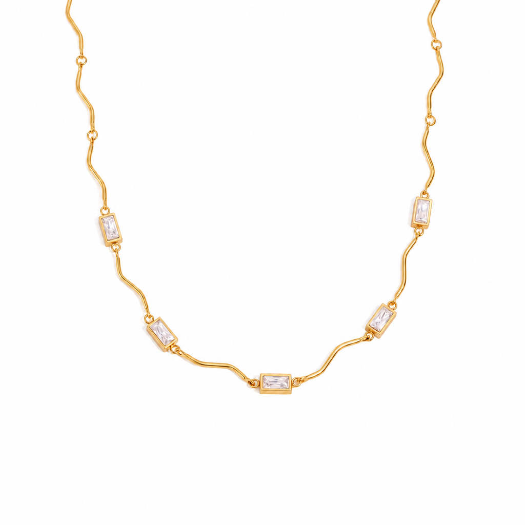 Sienna 18K PVD Gold Plated Wavy Baguette CZ Necklace
