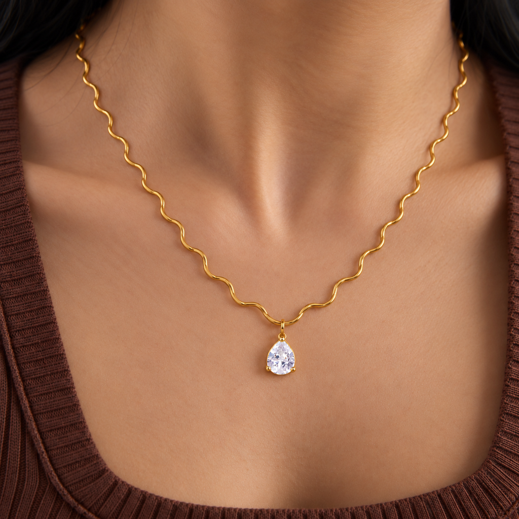 Mira 18K PVD Gold Plated Wavy Chain Pear CZ Pendant Necklace