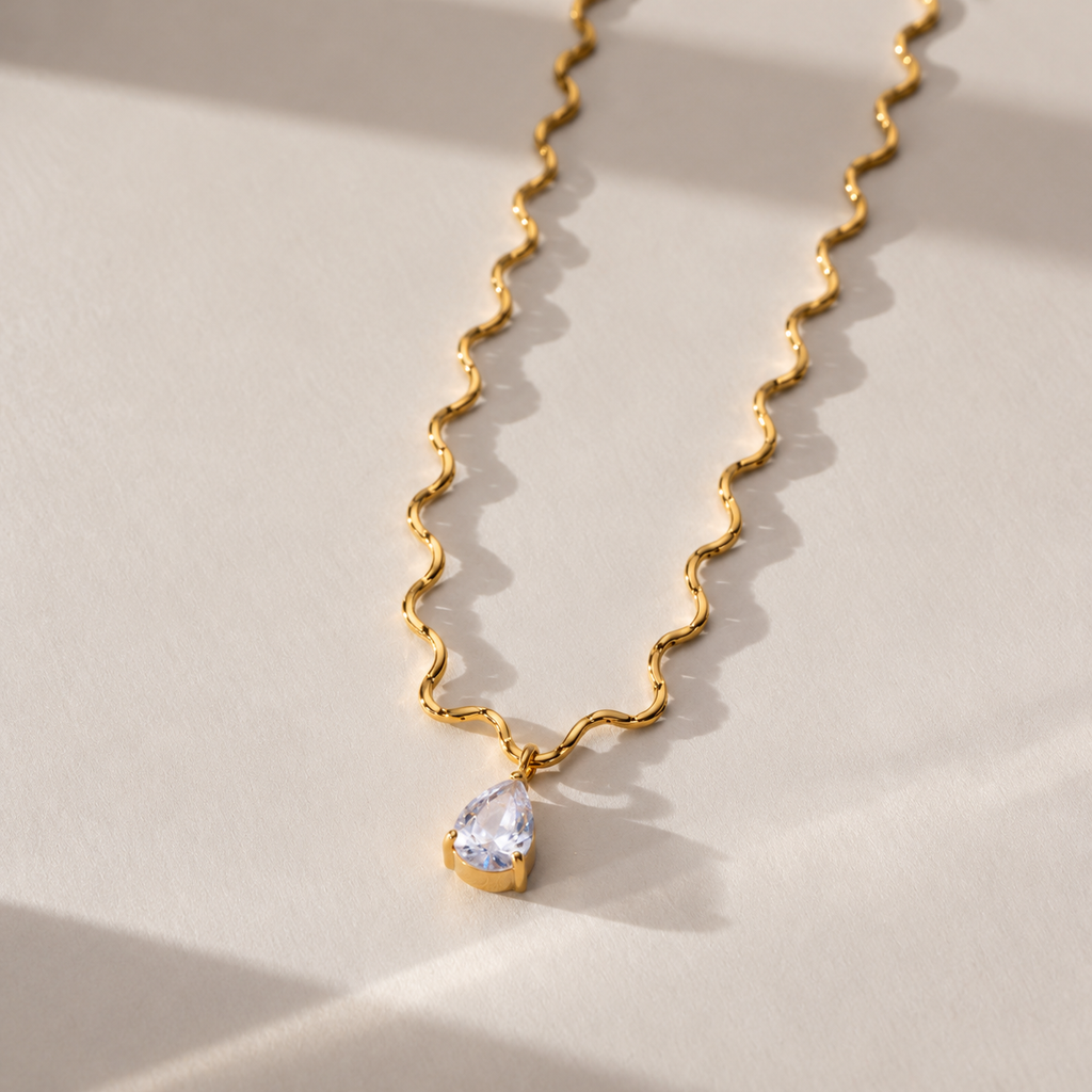 Mira 18K PVD Gold Plated Wavy Chain Pear CZ Pendant Necklace