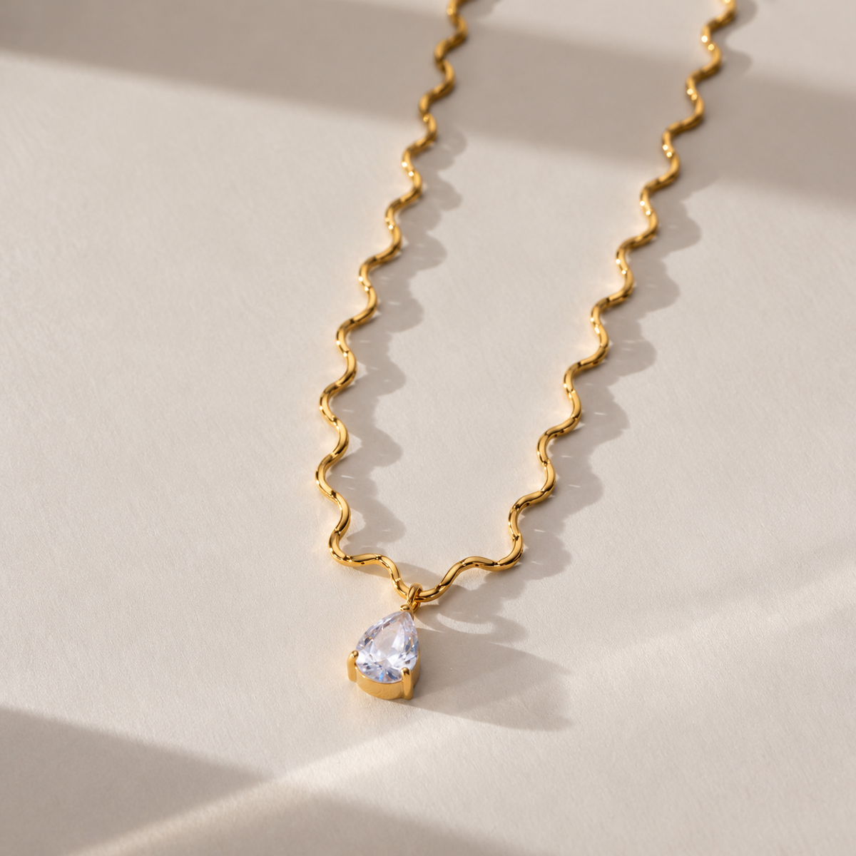 Mira 18K PVD Gold Plated Wavy Chain Pear CZ Pendant Necklace