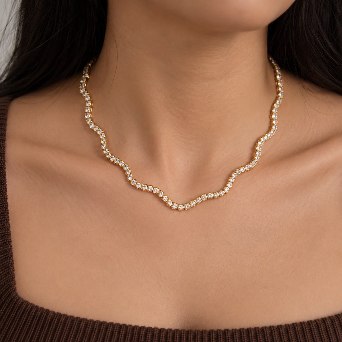 Elara 18K PVD Gold Wavy CZ Tennis Necklace